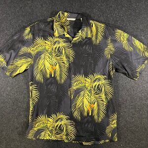 Tommy Bahama Silk Camp Shirt Mens M Black Yellow Loop Collar Tropical Hawaiian